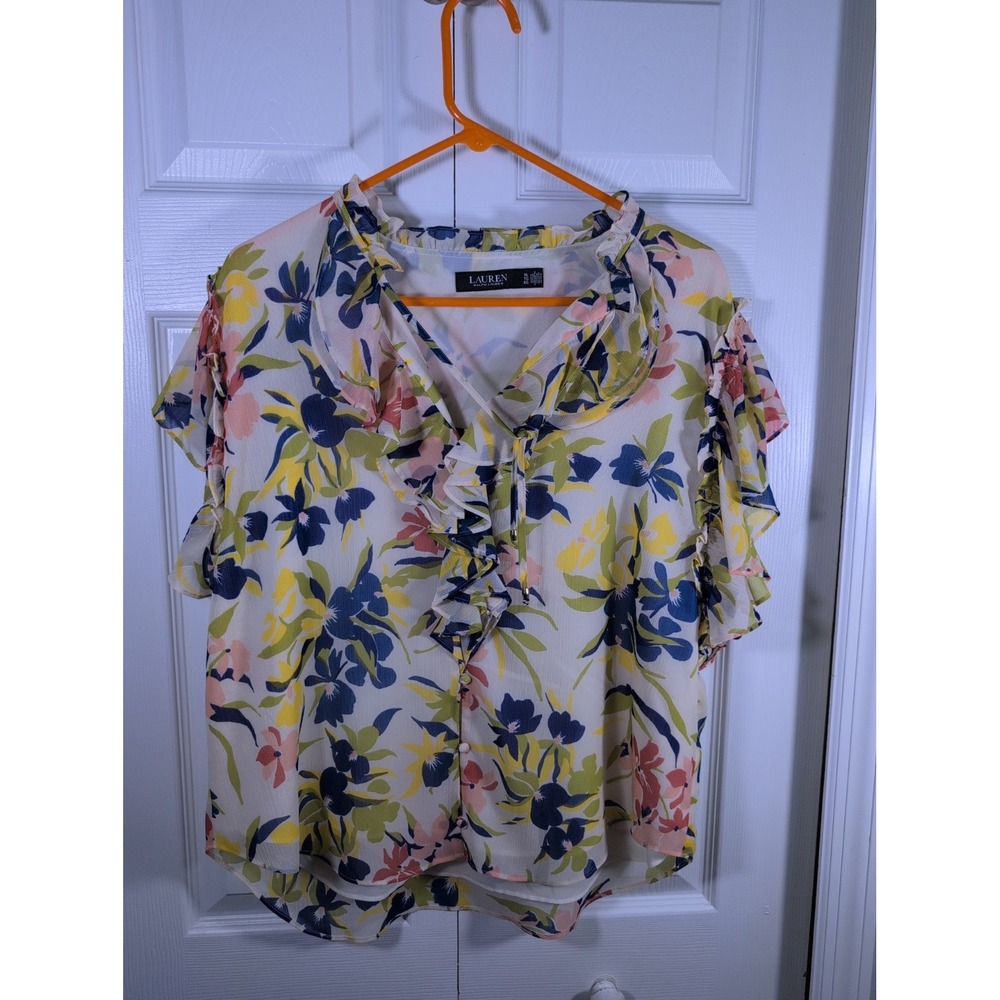 Lauren Ralph Lauren Womens Floral Ruffle Georgette Blouse Top XL Black Label